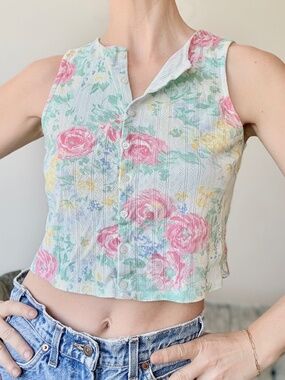 Sezane Cotton Pastel Spring Floral Sleeveless Button Front Top Small French